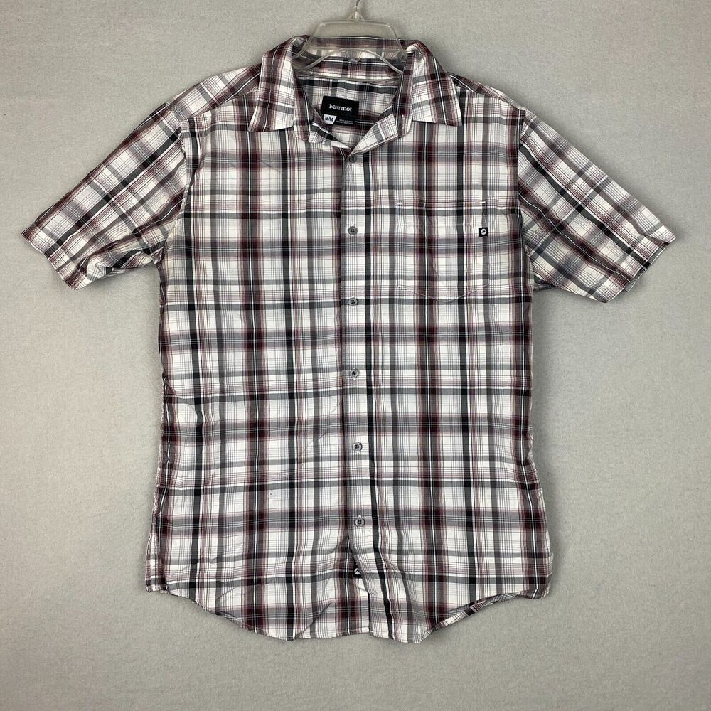 Marmot Mens Medium Button Up Shirt Gray Plaid Short Sleeve Casual Hike Outdoor
